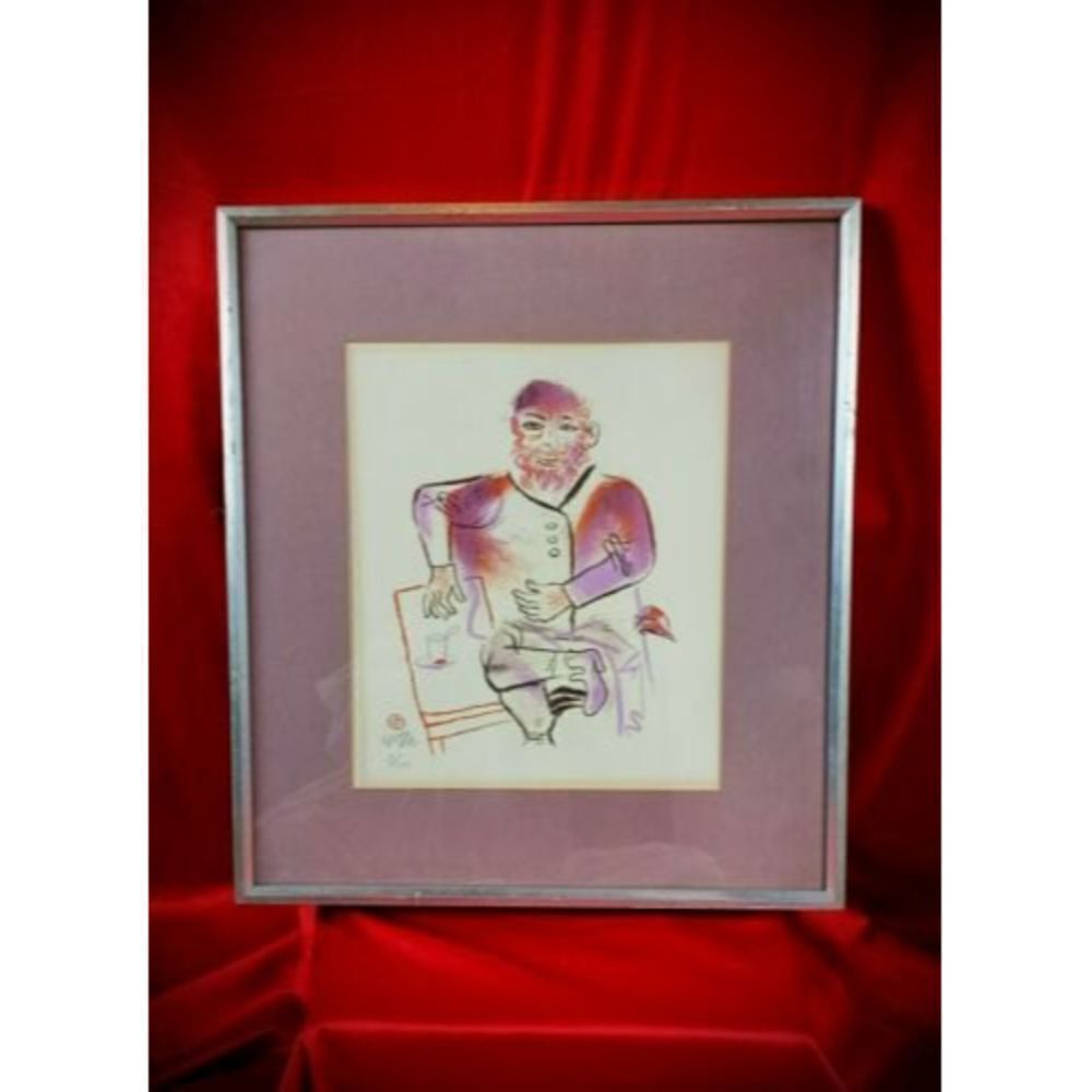 Vtg MCM William Gropper Rabbi Cup of Tea Lithograph Framed Art 2/120